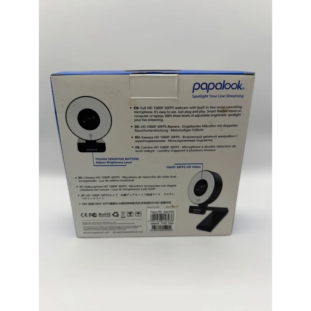 Papalook PA552 HD 1080P Live Streaming Webcam with Ring Light Dual Mic Black